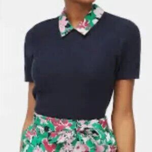 J. Crew Navy Top with Floral Collar – Pink & Green Trim Blouse